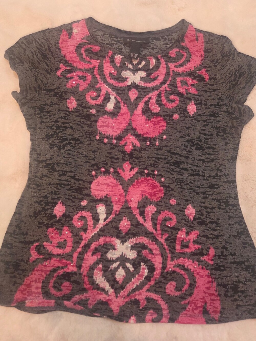 INC International Concepts Gray Tee with Pink Ornate Front Print